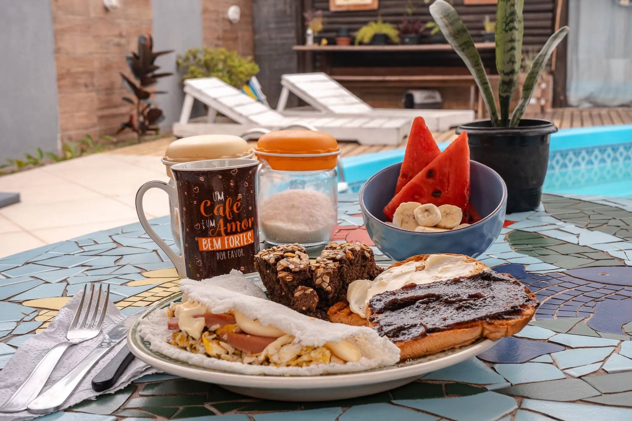 Plated breakfast by the pool