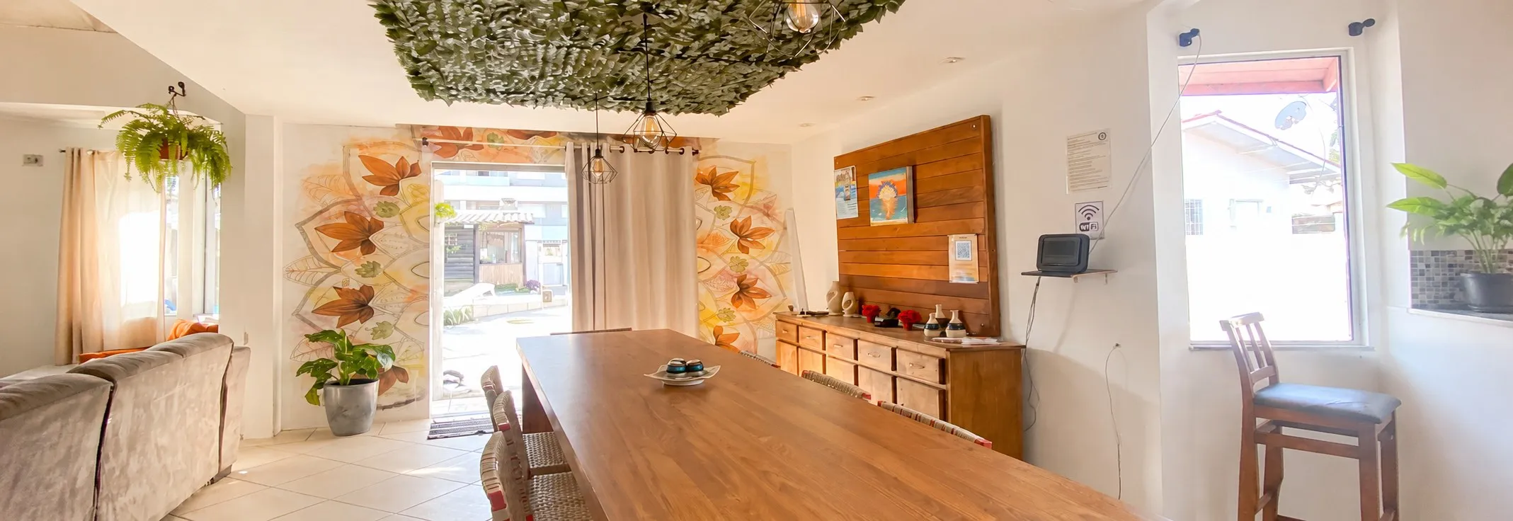 Long wooden table in the dining room